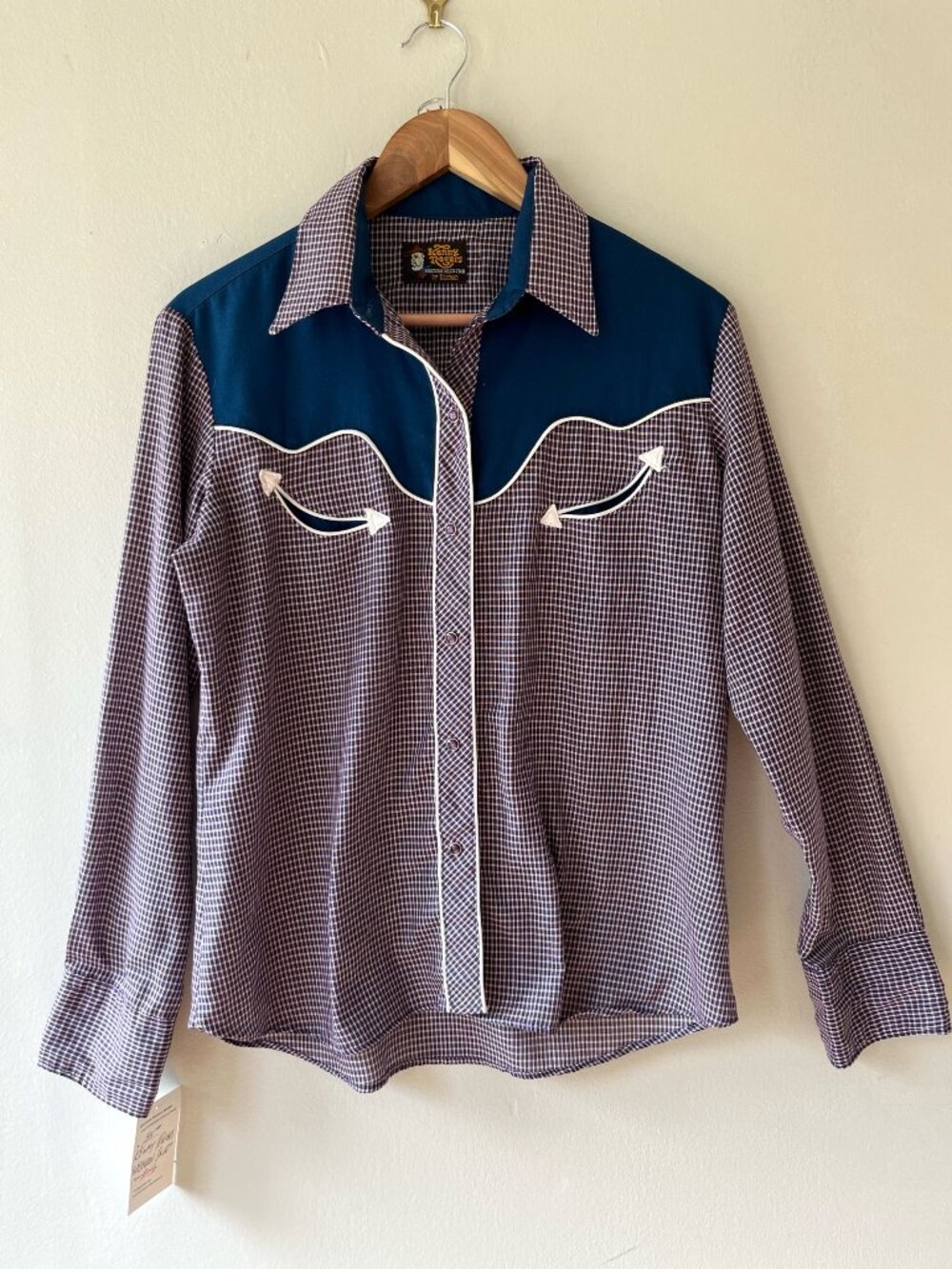Sz M VTG 70s Kenny Rogers Western Shirt Blue Burgundy Plaid Chest Pockets Snaps